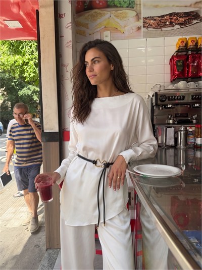 Beyaz Asimetrik Kuşaklı Saten Bluz