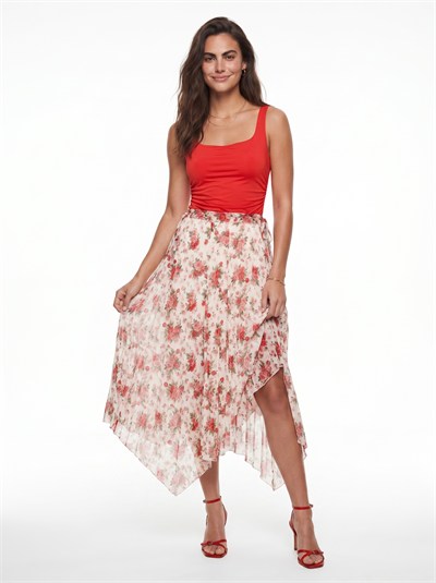 Kırmızı Çiçekli Asimetrik Şifon Etek