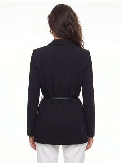 Siyah Kemerli Astarlı Blazer Ceket