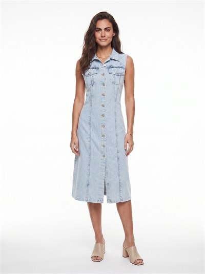 Buz Mavisi Düğmeli Denim Elbise