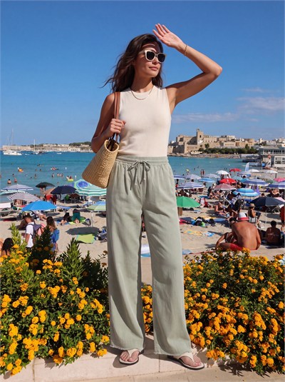 Mint Beli Lastikli Palazzo Pantolon