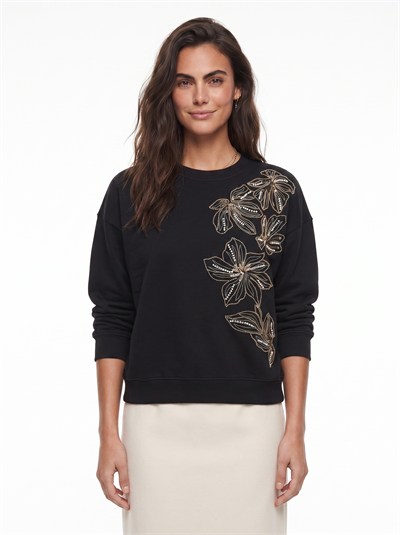 Siyah Çiçek Boncuk İşlemeli Sweatshirt