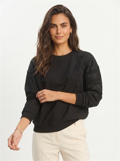 Siyah Nakışlı Boncuklu Sweatshirt