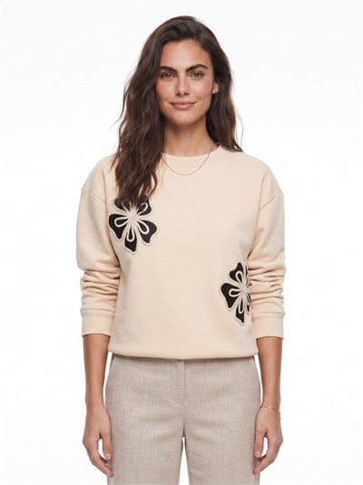 Bej Çiçek Nakışlı Sweatshirt