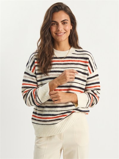 Krem Çizgili Oversize Triko Kazak