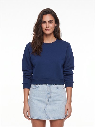 Lacivert Bisiklet Yaka Crop Sweatshirt
