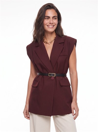 Bordo Vatkalı Oversize Blazer Yelek