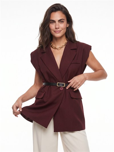 Bordo Vatkalı Oversize Blazer Yelek