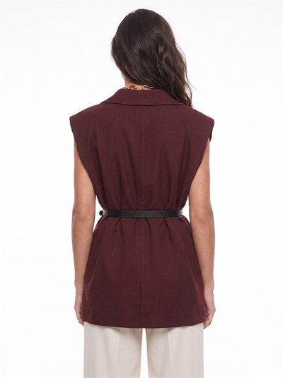 Bordo Vatkalı Oversize Blazer Yelek