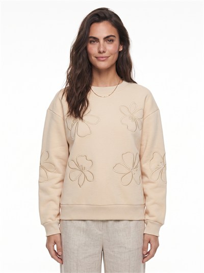Bej Çiçek Nakışlı Sweatshirt