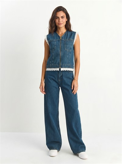 Lacivert Dantel Detaylı Denim Takım