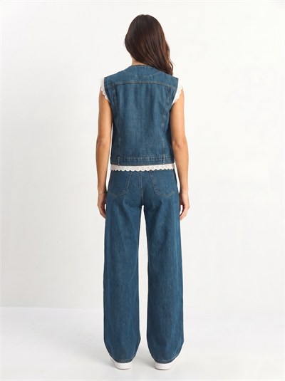 Lacivert Dantel Detaylı Denim Takım