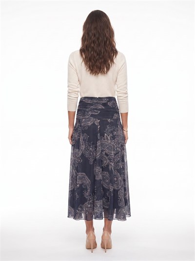 Lacivert Drape Detaylı Desenli Etek