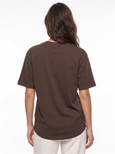 Kahverengi At Nakışlı Oversize Tişört