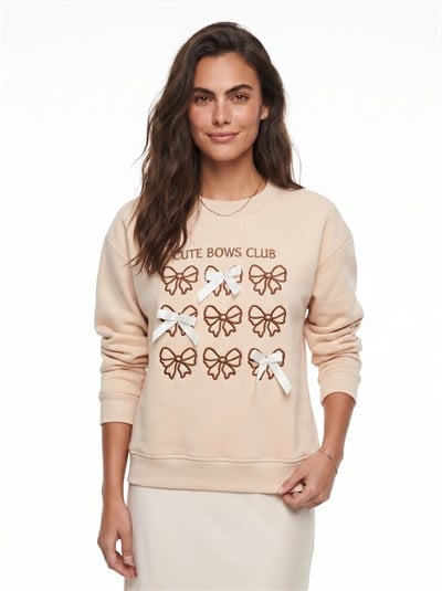 Bej Fiyonk Nakışlı Sweatshirt