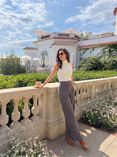 Gri Düğme Detaylı Palazzo Pantolon