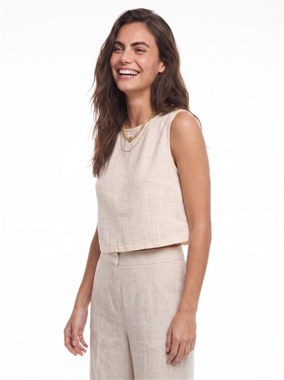 Krem Kolsuz Keten Bluz