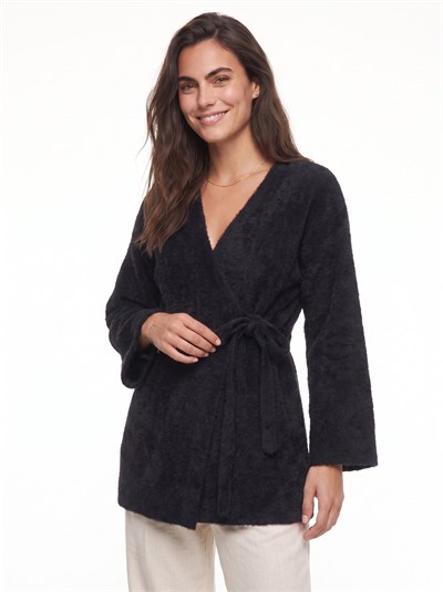 Siyah Kruvaze Bağlamalı Triko Kimono