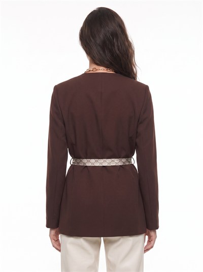 Kahverengi Fular Kemerli Blazer Ceket