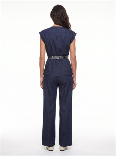 Lacivert Kuşaklı Denim Takım