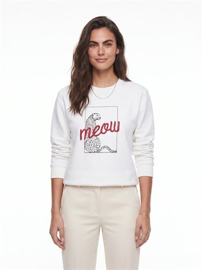 Beyaz Leopar Baskılı Sweatshirt