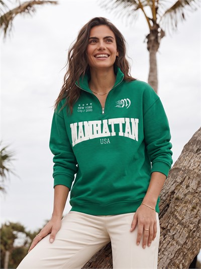 Yeşil Nakışlı Fermuarlı Oversize Sweatshirt
