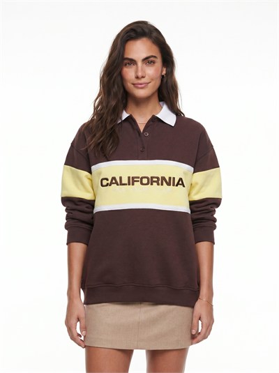 Kahverengi Polo Yaka Nakışlı Sweatshirt