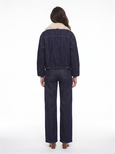 Lacivert Kürk Yakalı Denim Takım
