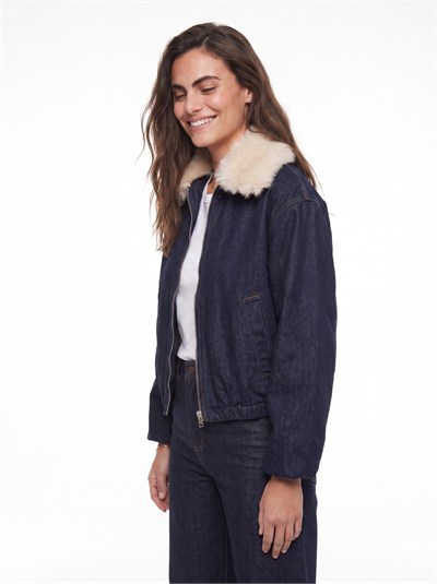 Lacivert Kürk Yakalı Denim Takım