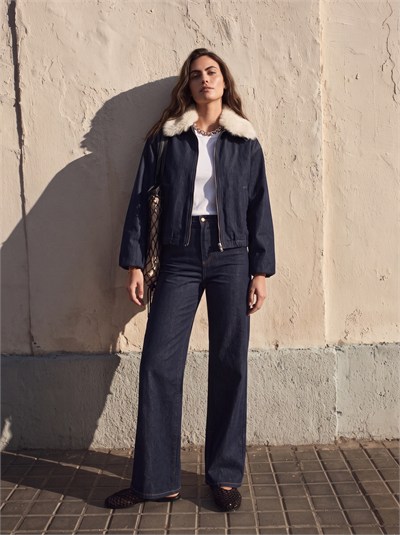 Lacivert Kürk Yakalı Denim Takım