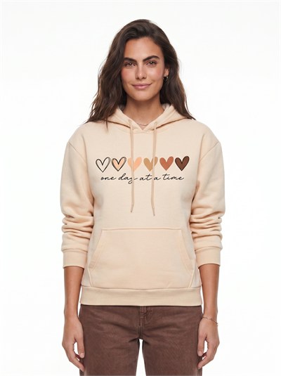 Bej Kalp Baskılı Kapüşonlu Sweatshirt
