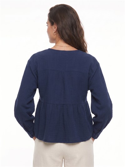 Lacivert Bağlama Detaylı Müslin Bluz
