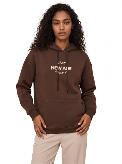 Kahve Oversize Kapüşonlu Kanguru Sweatshirt