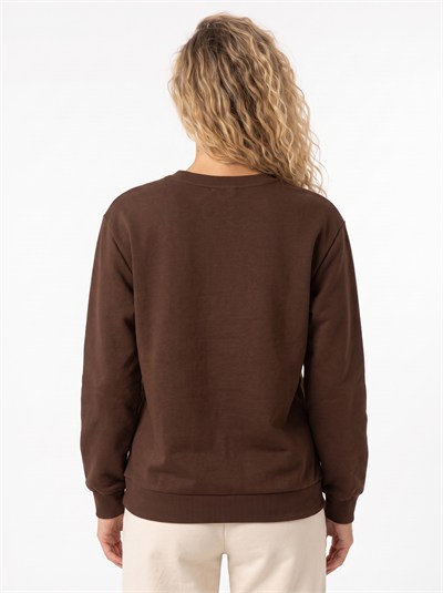 Kahverengi Nakışlı Üç İplik Sweatshirt