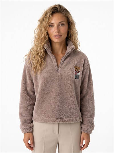Kahverengi Nakışlı Welsoft Fermuarlı Sweatshirt