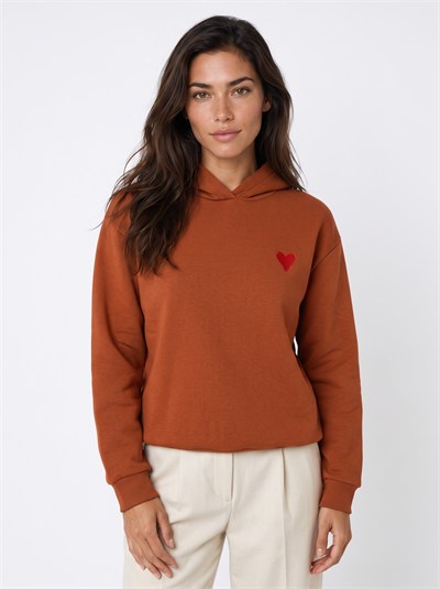 Kiremit Kalp Nakışlı Kapüşonlu Sweatshirt