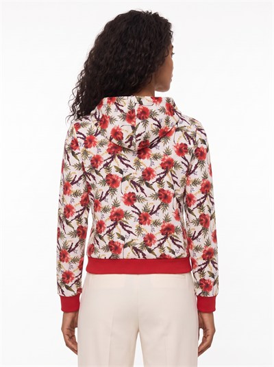 Kırmızı Çiçek Desenli Kapüşonlu Sweatshirt