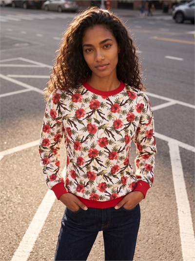 Kırmızı Çiçek Desenli Sweatshirt