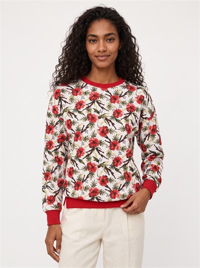 Kırmızı Çiçek Desenli Sweatshirt