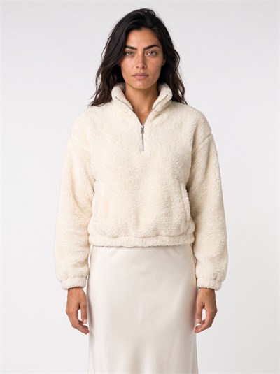 Krem Yarım Fermuarlı Peluş Sweatshirt