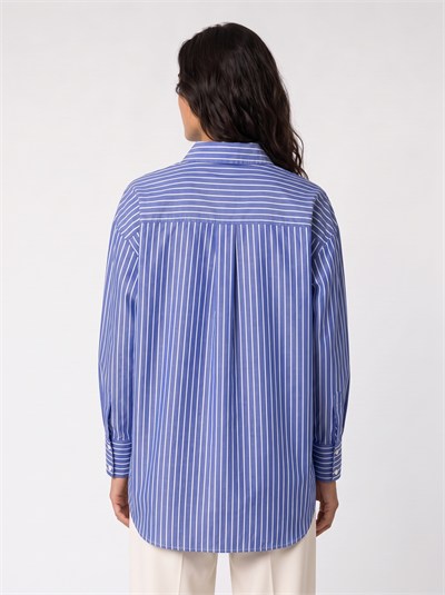 Lacivert Çizgili Oversize Gömlek