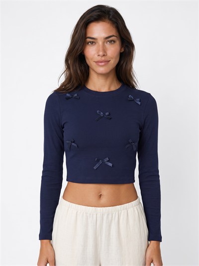 Lacivert Kurdeleli Crop Bluz