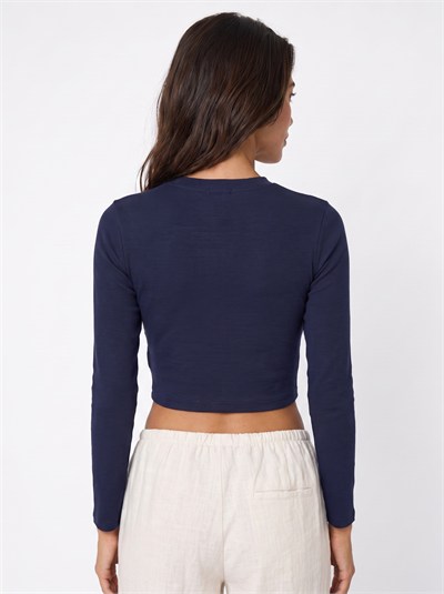 Lacivert Kurdeleli Crop Bluz