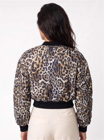Leopar Desenli Crop Şişme Mont