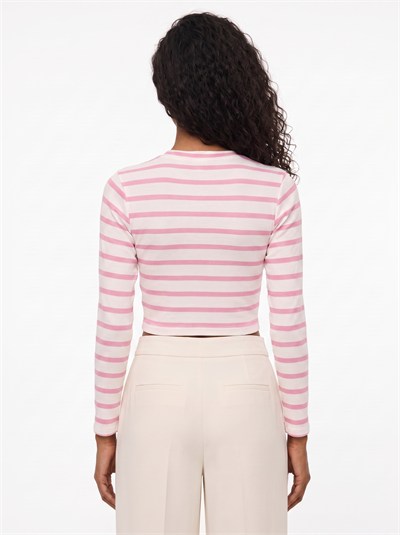 Pembe Çizgili Crop Bluz