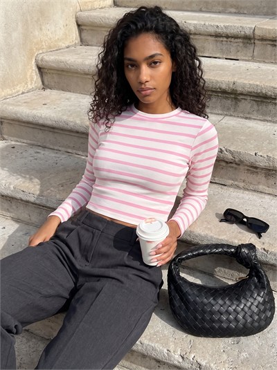 Pembe Çizgili Crop Bluz