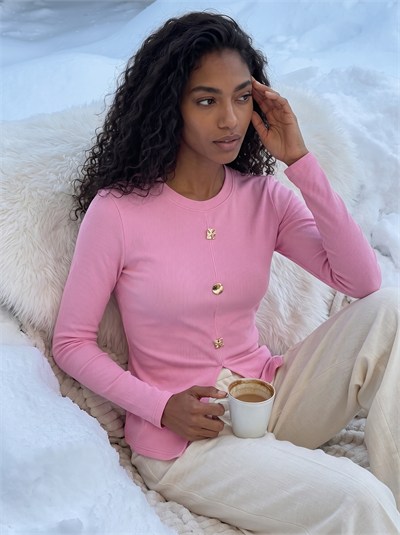 Pembe Gold Düğmeli Yırtmaçlı Bluz