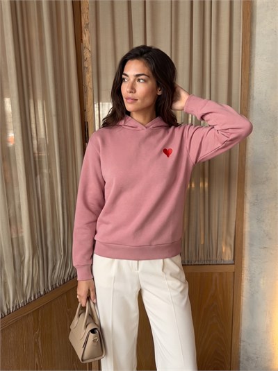 Pembe Kalp Nakışlı Kapüşonlu Sweatshirt