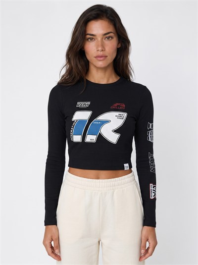 Siyah Baskılı Fitilli Crop Bluz