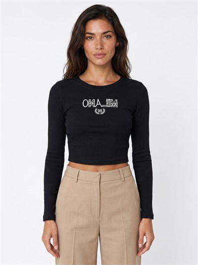 Siyah Baskılı Kaşkorse Crop Bluz